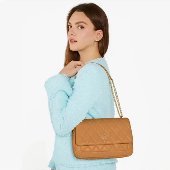 NWT Kate Spade Carey Quilted Medium Flap Shoulder Bag Tiramisu Mousse Leather